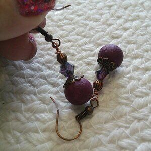 Rustic DEEP PURPLE GLASS with COPPER Handmade Dangle Earrings #417E